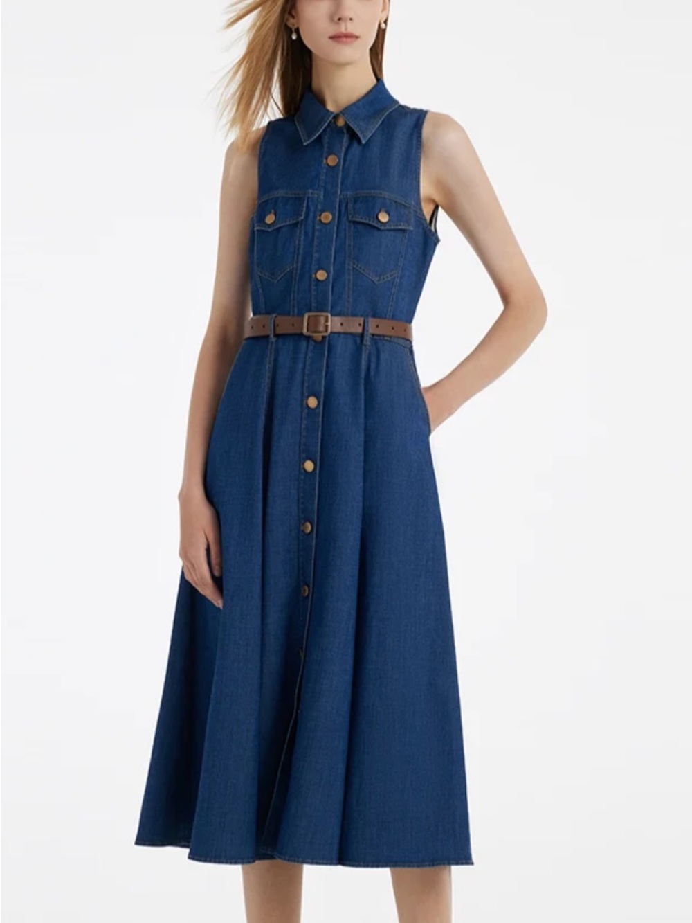 Sleeveless Denim Midi Dress in Blue with Belt